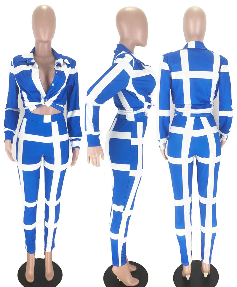 Осенний комплект из двух предметов, спортивный костюм для женщин, полосатые кнопки с рисунками, рубашка с длинными рукавами, топ и штаны, спортивные костюмы, комплект из 2 предметов - Цвет: Синий