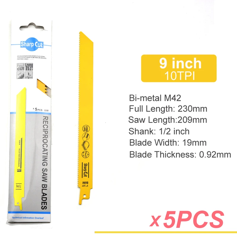 5pcs 9inch 10T Скидка 40% " 9" возвратно-поступательные пилы сабельные пилы 5TPI, 6TPI, 10TPI, 14TPI, 18TPI Универсальный хвостовик для металла и дерева 5 упаковка - Цвет: 5pcs 9inch 10T