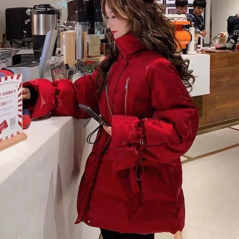 

S-L Autumn Winter Woman Down Coat Outwear Black White Red Down Coat With Pockets Zipper Collar Fashion A-line Sweet Down Coat