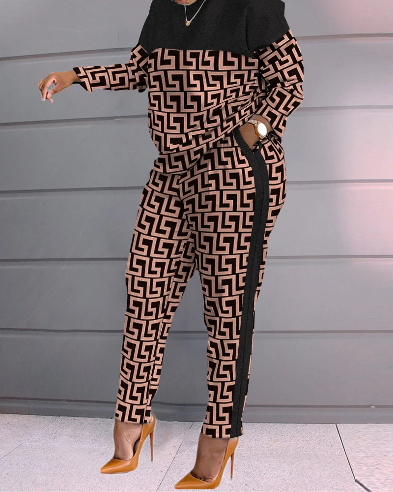 Women Spring Autumn Casual Loose 2 Piece Set Drawstring Design Pockets Plaid Print Long Sleeve Top & Pants Set