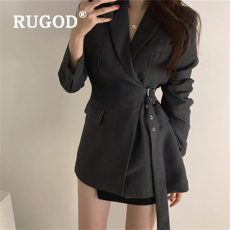RUGOD корейские шикарные блейзеры для weomen зубчатый однотонный Тонкий Блейзер с поясом модная женская куртка темпераментные Элегантные женские пальто