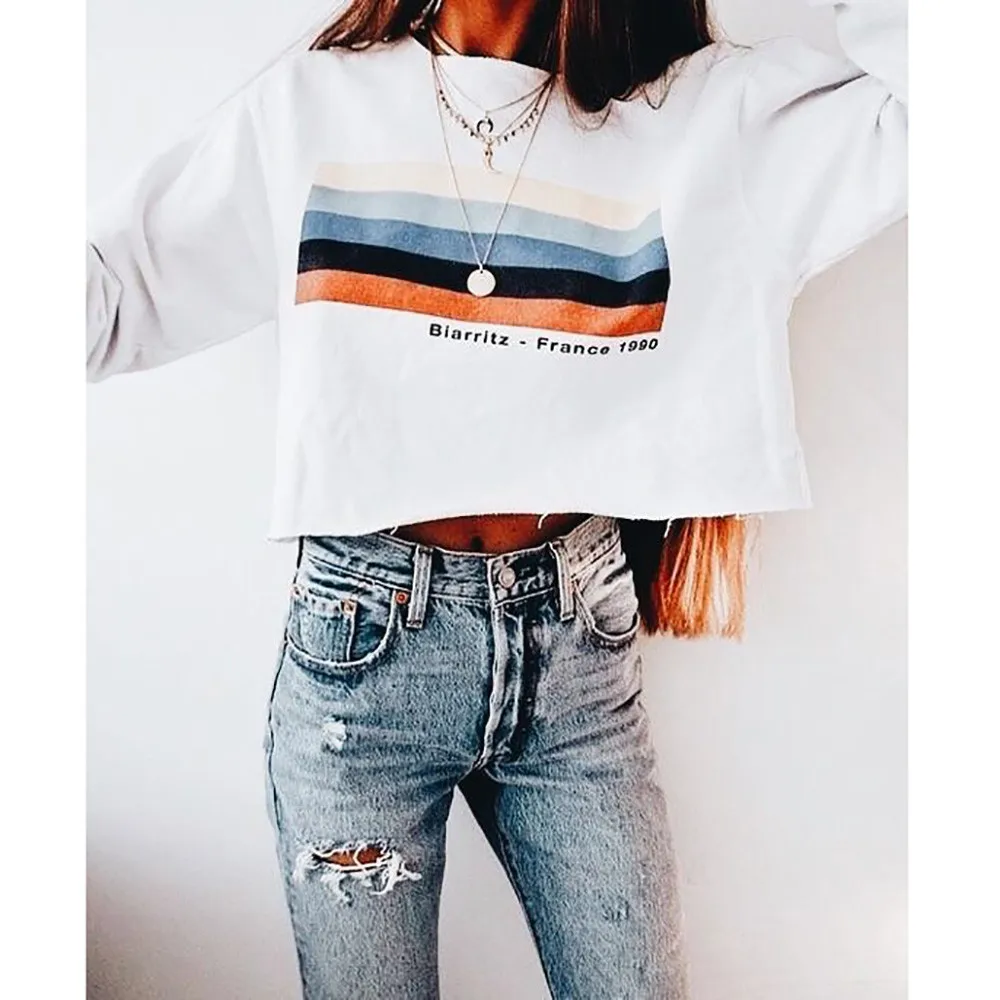 JAYCOSIN Fashion Womens Long Sleeve Rainbow Stripes Sweatshirt Casual Cool Chic New Look Comfortable Pullover Letter Tops Blouse