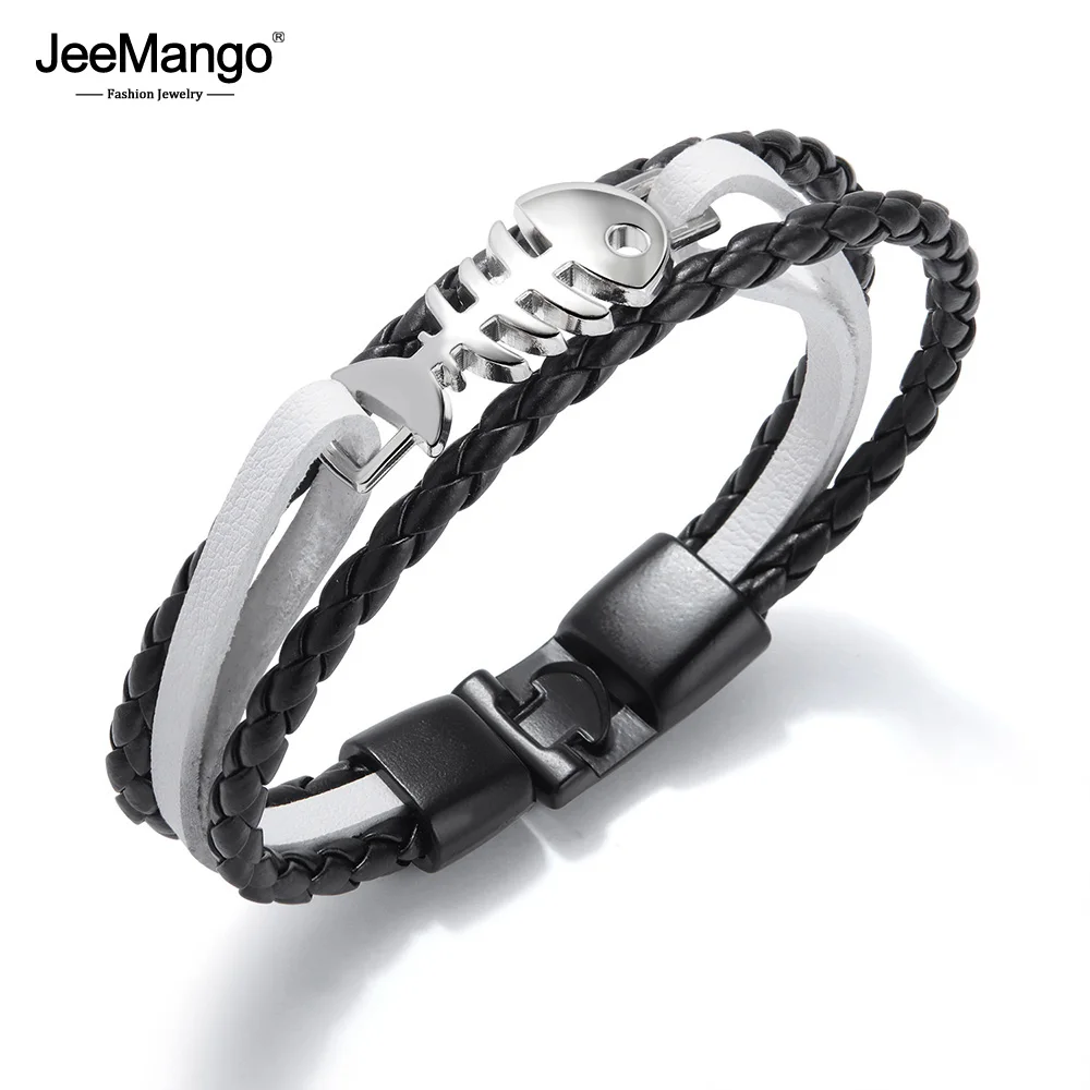 

JeeMango New Style Fashion Creative Simple Multi-layer Woven Stainless Steel Fish Bone Bracelet Men's Leather Bracelet JOPH1303