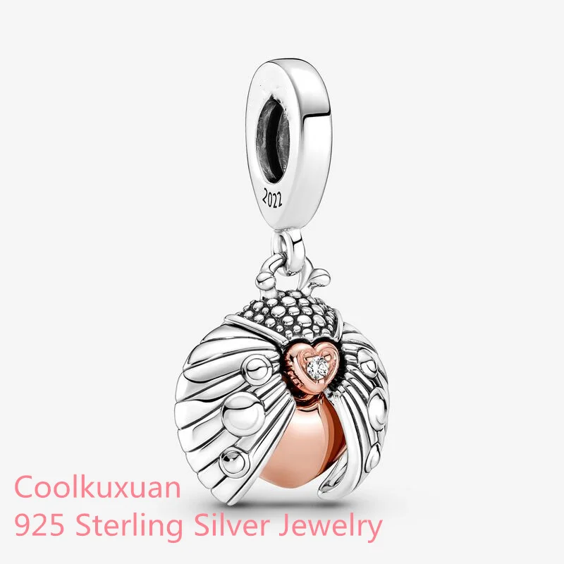 

Женская серебряная бусина-Шарм в виде божьей коровки и сердца, подходит для оригинальных браслетов Pandora, изготовление ювелирных изделий на День святого Валентина, 2022