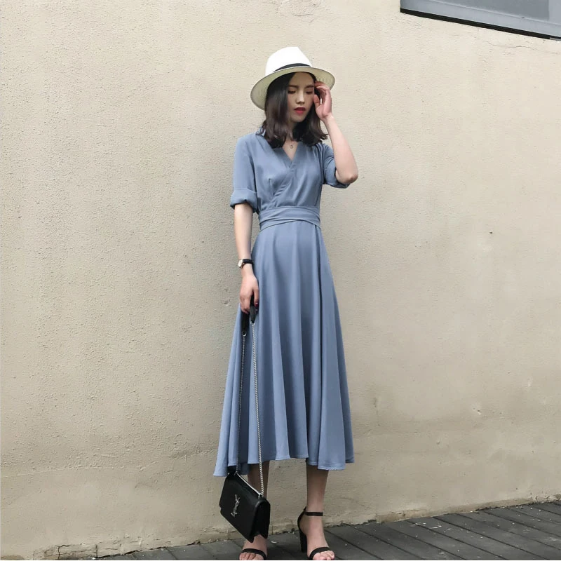 

2019 New Fashion Women Dress Spring Summer Half Sleeve Casual V-Neck Elegant Ladies Dress Chic Solid A-Line Mid-Calf Dresses