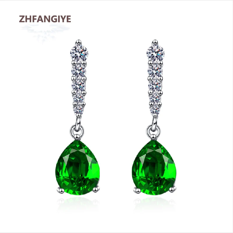 

ZHFANGIYE Classic Earrings for Women Silver 925 Jewelry Water Drop Shape Emerald Zircon Gemstone Wedding Party Gift Accessories