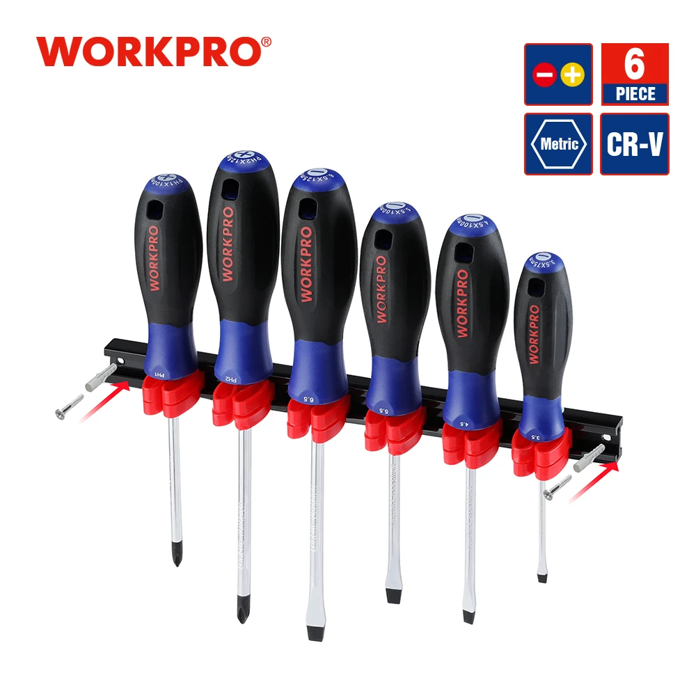WORKPRO-마그네틱 스크루 드라이브 세트, 6 개, 슬롯 형/필립스 Cr-V 스틸 스크루 드라이버, 미끄럼 방지 핸들, 집 개선 및 수리용