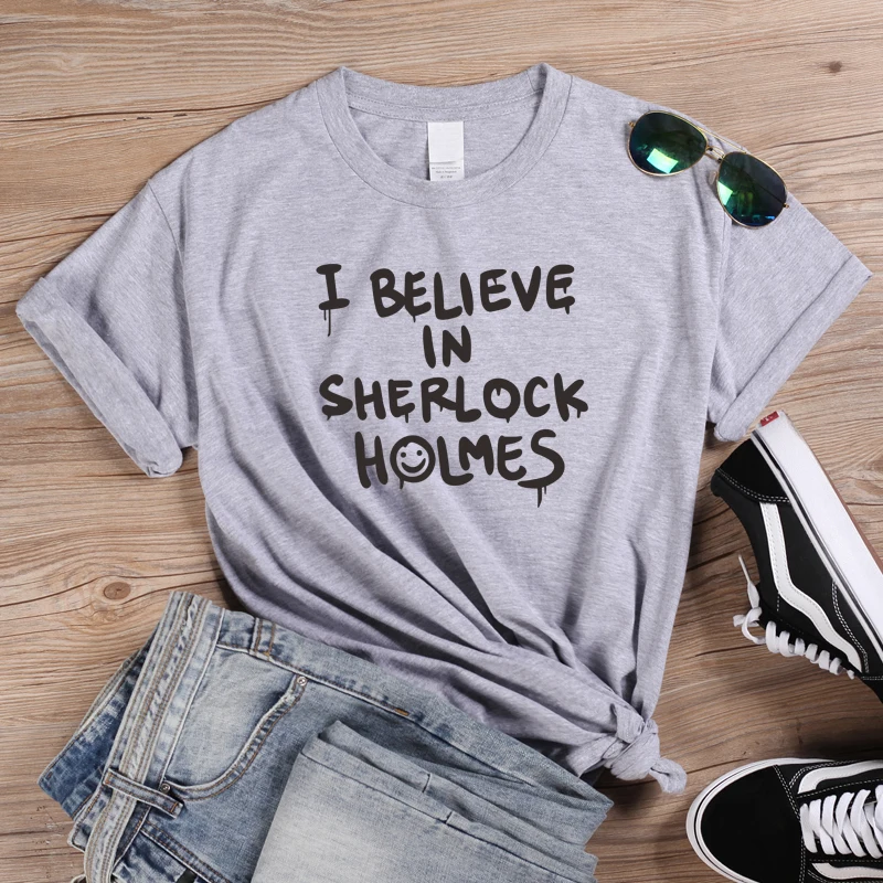 Футболки в стиле панк с буквенным принтом, футболка с надписью «I Believe In Sherlock Holmes», женские футболки в стиле Харадзюку, топы на Хэллоуин