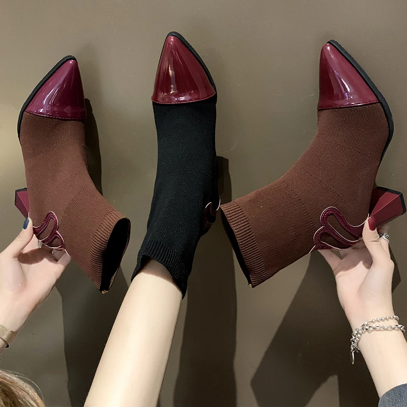 

Black Brown Knitted Stretch Socks Boots Ladies Thick High Heel Ankle Boots Women Winter Shoes Elegant Pointed Toe Office Boots