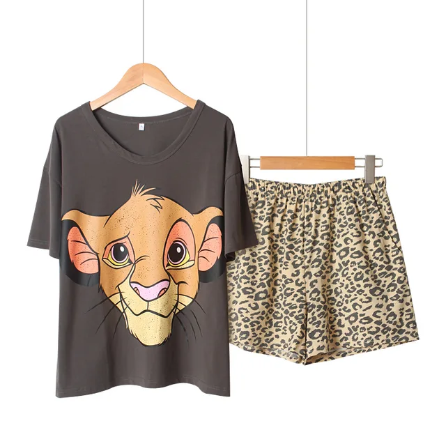 3XL Loose Summer Cotton Pajamas Women's Short Sleeve Shorts Lion King Simba Leopard Print Cute Anime Home Suit Pajama Sets Women 5202 apricot Shorts