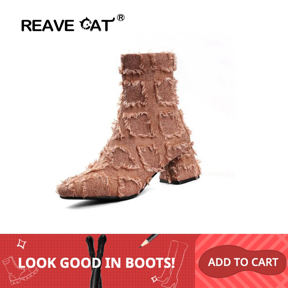 Женские джинсовые ботильоны REAVE CAT ботинки на блочном каблуке черные