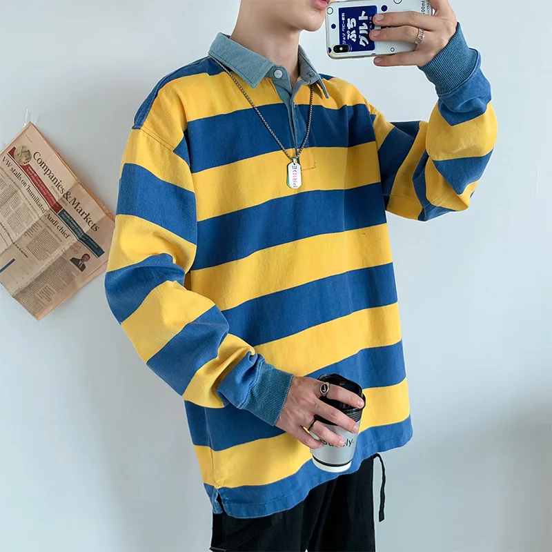 2020 long-sleeved ins loose-fitting men's fashion korean version of striped polo shirt students put on clothes 2020 long-sleeved ins loose-fitting men's fashion korean version of striped polo shirt students put on clothes