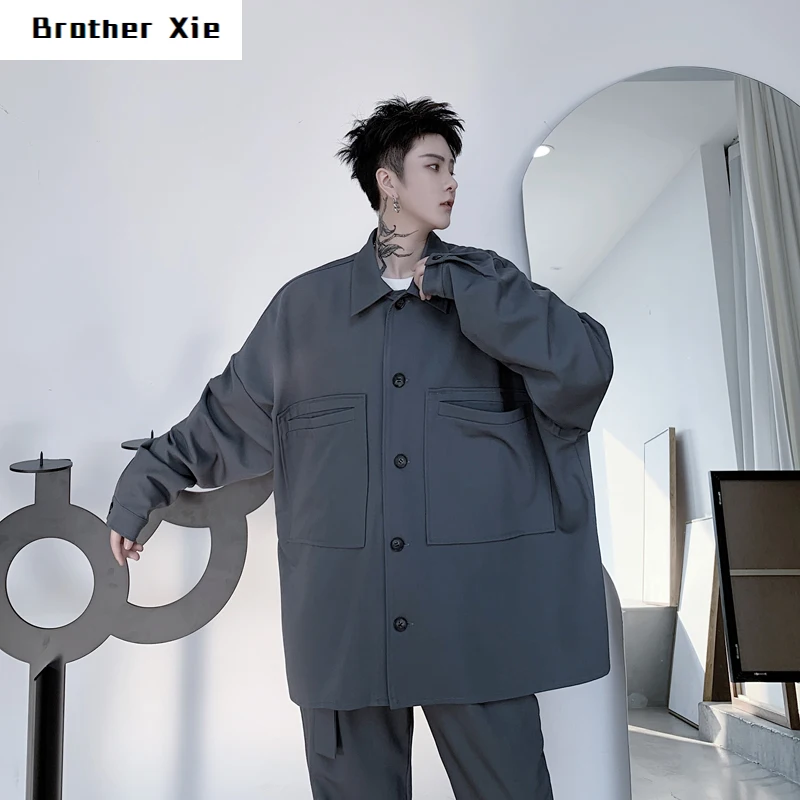 

Spring Jacket Men's Fashion Solid Color Casual Large Pocket Lapel Jacket Man Streetwear Wild Loose Hip Hop Bomber Jacket Mens