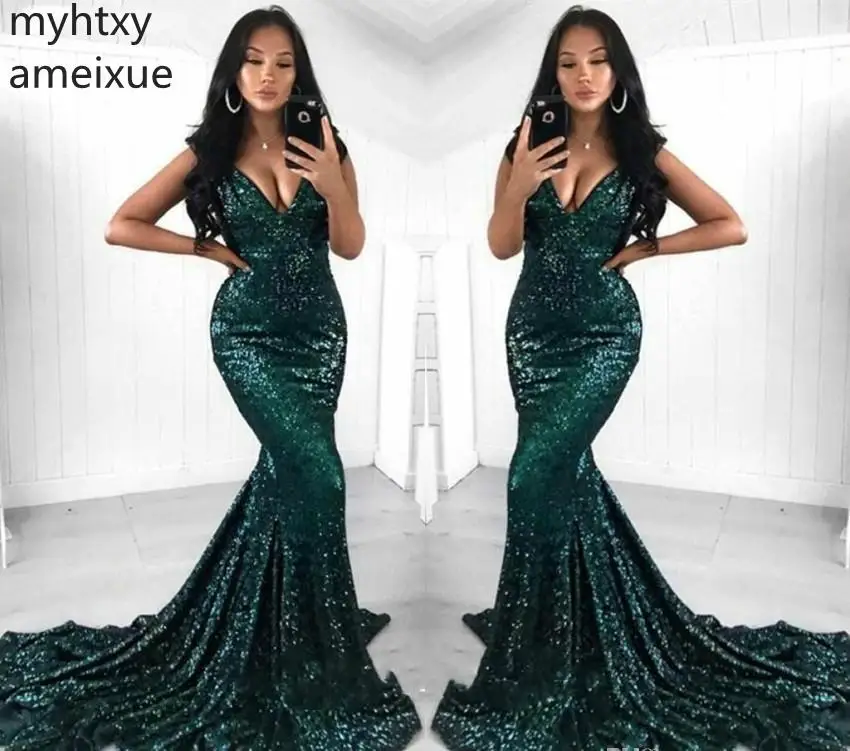 

2019 New Arrival Sexy Prom Dress Sleeveless V-neck Floor-length Sweep Train Mermaid Natural Sequin Vintage Plus Size Prom Custom