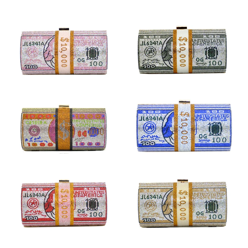 Fashion 100 Roll Dollars Rhinestone Bling Money Evening Bag Round
