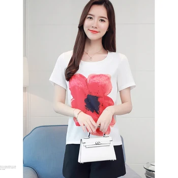 

Chemisier Femme 2020 New Summer Tops White Printed Chiffon Blouse O-Neck Woman Clothes Korean Fashion Shirt Women Blouses Womens