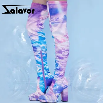 

ZALAVOR Size 35-43 Women Over Knee Boots Fashion Platform Print High Heel Winter Shoes Woman Warm Stretch Boot Daily Footwear