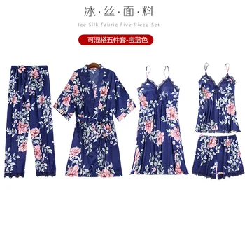 

New Simulation Silk Nightgown Suit Sexy Elegant Home Service Clothes Nightgown Night Skirt Five-piece Suit Pajamas