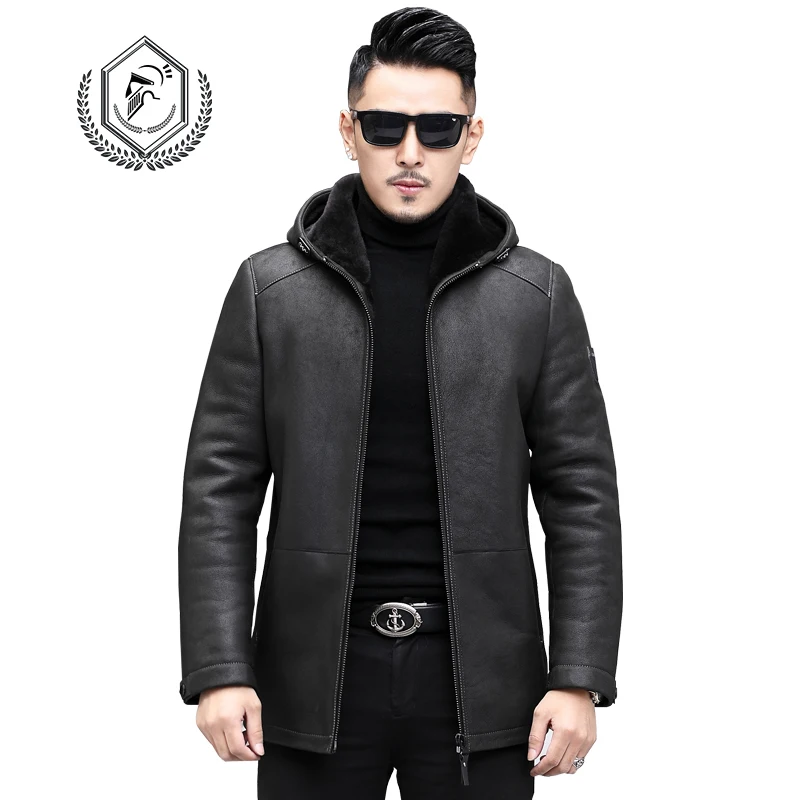 Men Fashion Slim Real Genuine Sheepskin Leather Jacket Casual Original Wool/Lamb Fur Shearling Coat with Hoodie | Мужская одежда