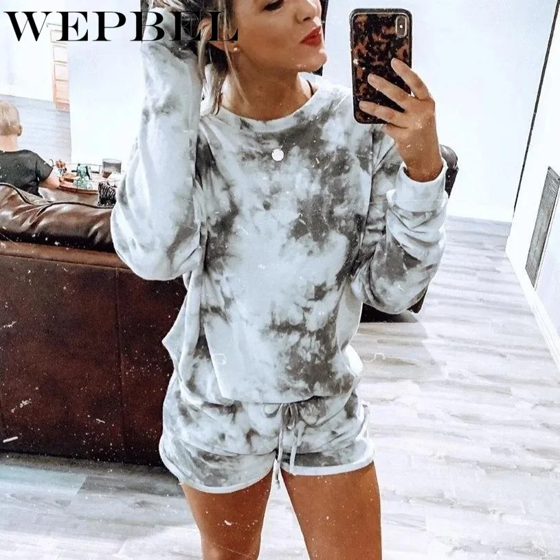 

WEPBEL Spring Autumn Tie-Dyed Printed Home Two-Piece Suit Women's Long Sleeve O-Neck T-shirt + Lace Up Straight Shorts Suit