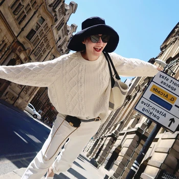 

Smpevrg Wool new lazy wind round neck sweater women thickened pullover twist knitted cashmere sweater women sweater