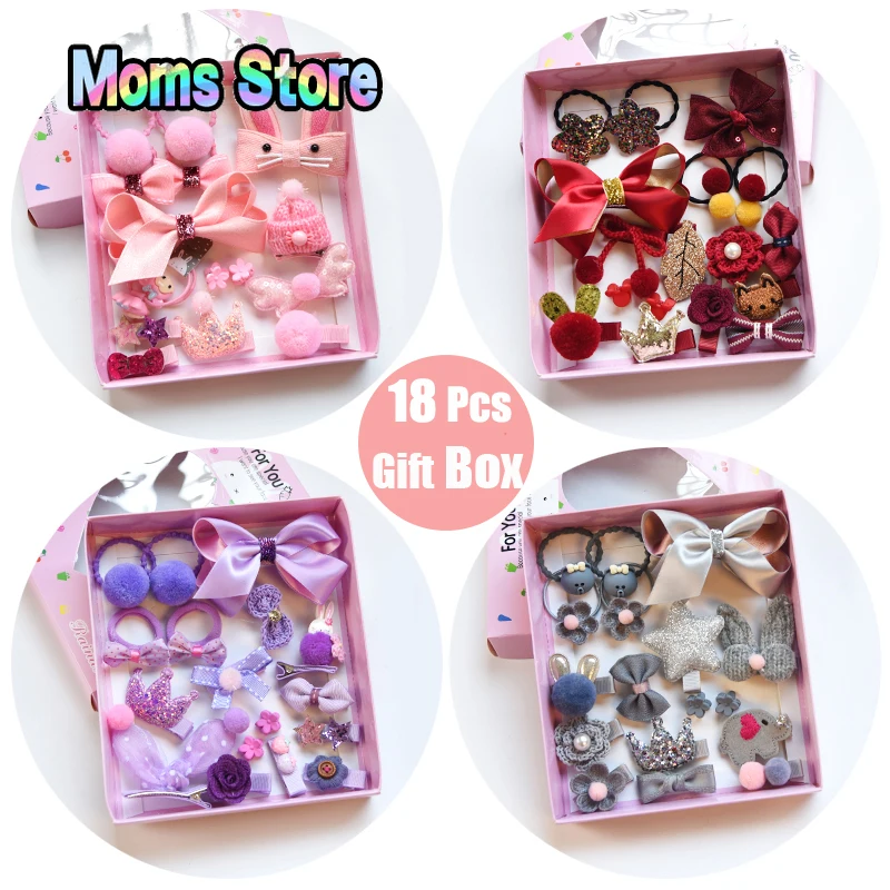 

18 Pcs/Box Children Cute Hair Accessories Set Baby Fabric Bow Flower Hairpins Barrettes Hair Clips Girls Gift Baby Headwear