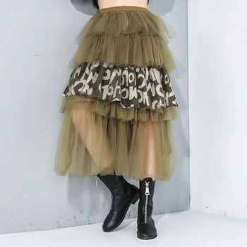 

Korea High Elastic Waist Letter Print Mesh Split Joint Cake Half-body Skirt Women Fashion Tide New Spring Autumn 2020 1R173