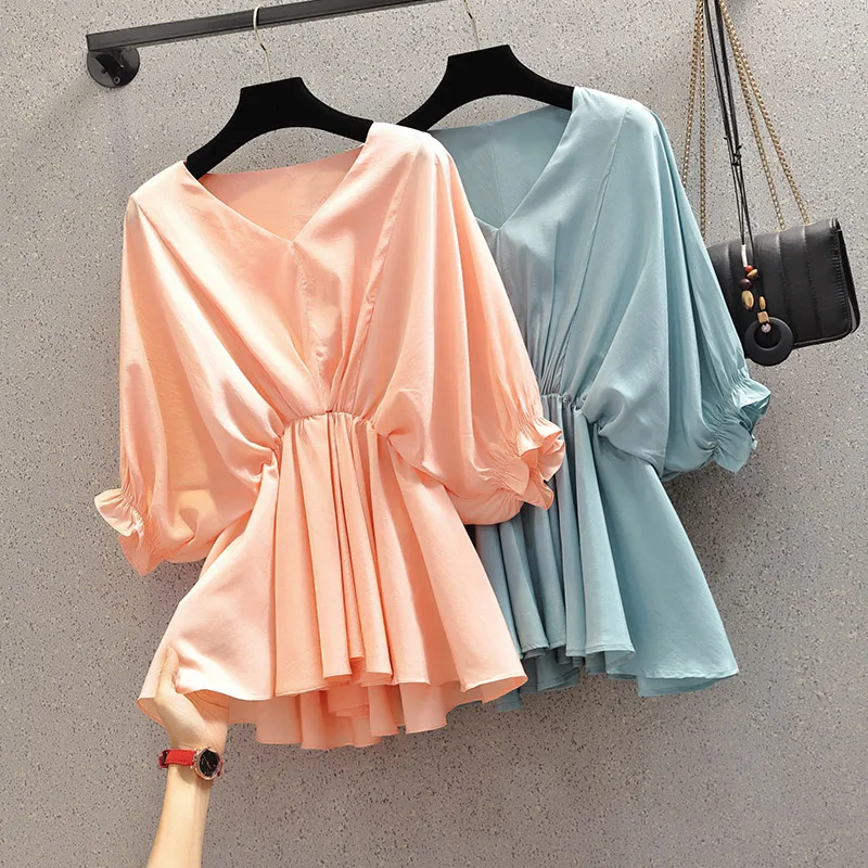 

COIGARSAM 4XL Plus Size Fashion blouse women Summer High Waist V-Neck blusas womens tops and blouses Orange Pink Lake Blue