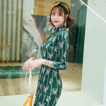 

Lace Green Vintage Women Chinese Dress Vestidso Sexy High Split Cheongsam Novelty Mandarin Collar Qipao Evenig Party Dress