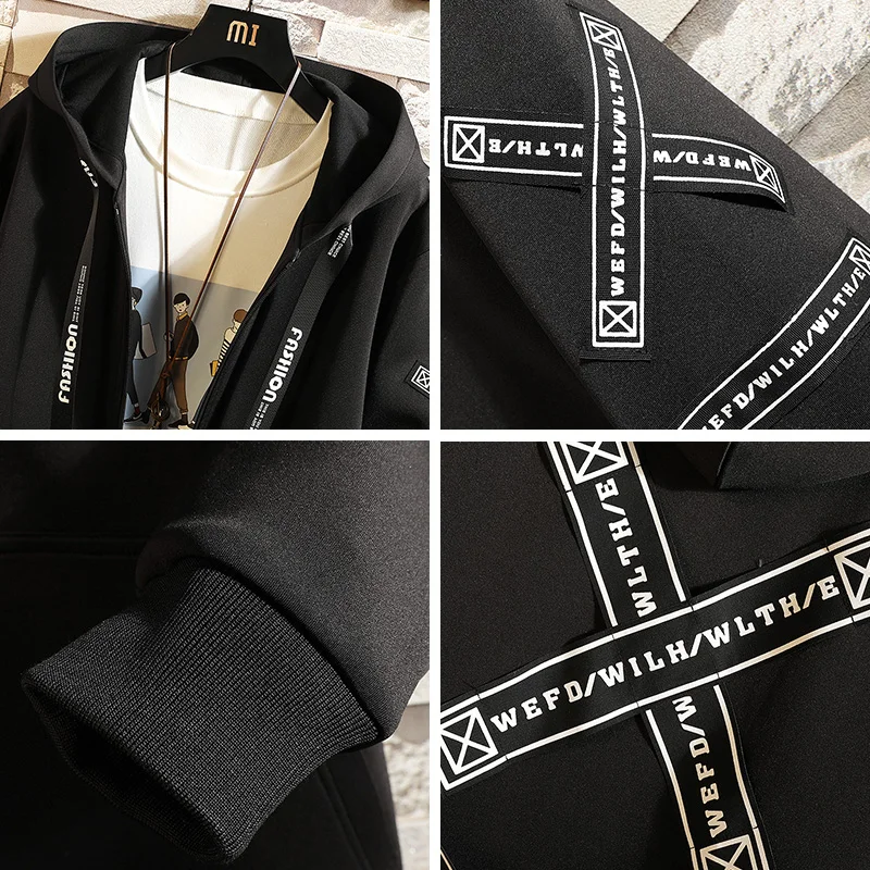 2021 Autumn Men Hooded Jackets Print Harajuku Windbreaker Ribbon Overcoat Male Casual Outwear Hip Hop Streetwear Coats LBZ155
