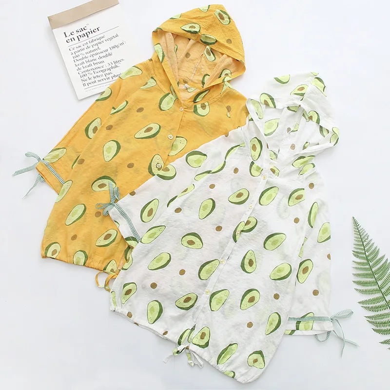 

Japanese-style Mori Girl Line Versatile Cotton Linen Full Printed Avocado Loose Thin Mid-length Half-sleeve Shirt Coat Women's