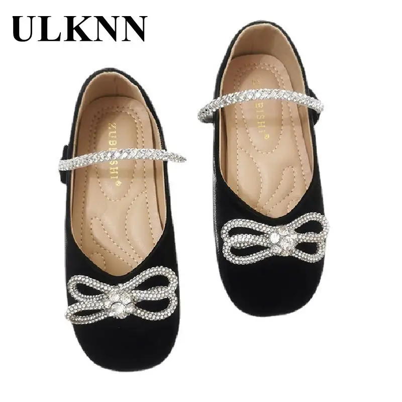 Girls Princess Flats With Shoes Child Leather Shoes 2023 Children Rhinestone Bow Performing Small Leather Shoes Kid's Pink Shoe