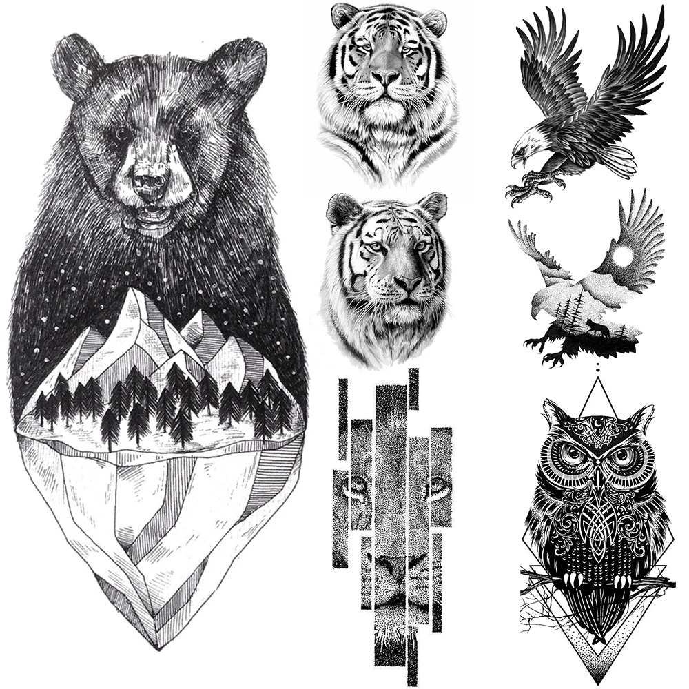 Mountain Temporary Tattoos For Men Bear Tiger Wolf Tattoo Owl Eagle Diamond  Watertransfer Animal Realistic Black Fake Tatoo _ - AliExpress Mobile