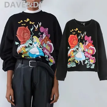 

Dave&Di england high street vintage cartoon pattern printing o-neck loose 2020 hoodies women sweatshirt women pullovers tops