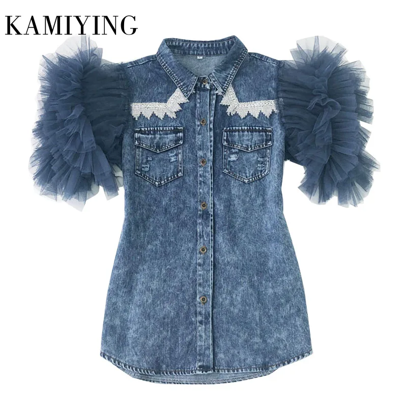 

KAMIYING 2020 New Arrival Summer Mesh Patchwork Women Jacket Lapel Sleeveless Button Big Size Denim Coat