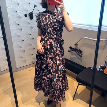 

Fadan s home elegant spring / summer 2020 floral lace up Ruffle sleeve free medium length dress women show thin x1025