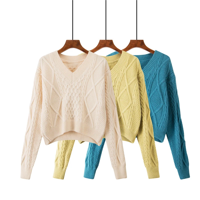 

Crop Sweater Women Korean Fashion Kawaii Long Sleeve Short Sweater Autumn Solid Color Simple Loose Slim V Neck Sweaters Ladies