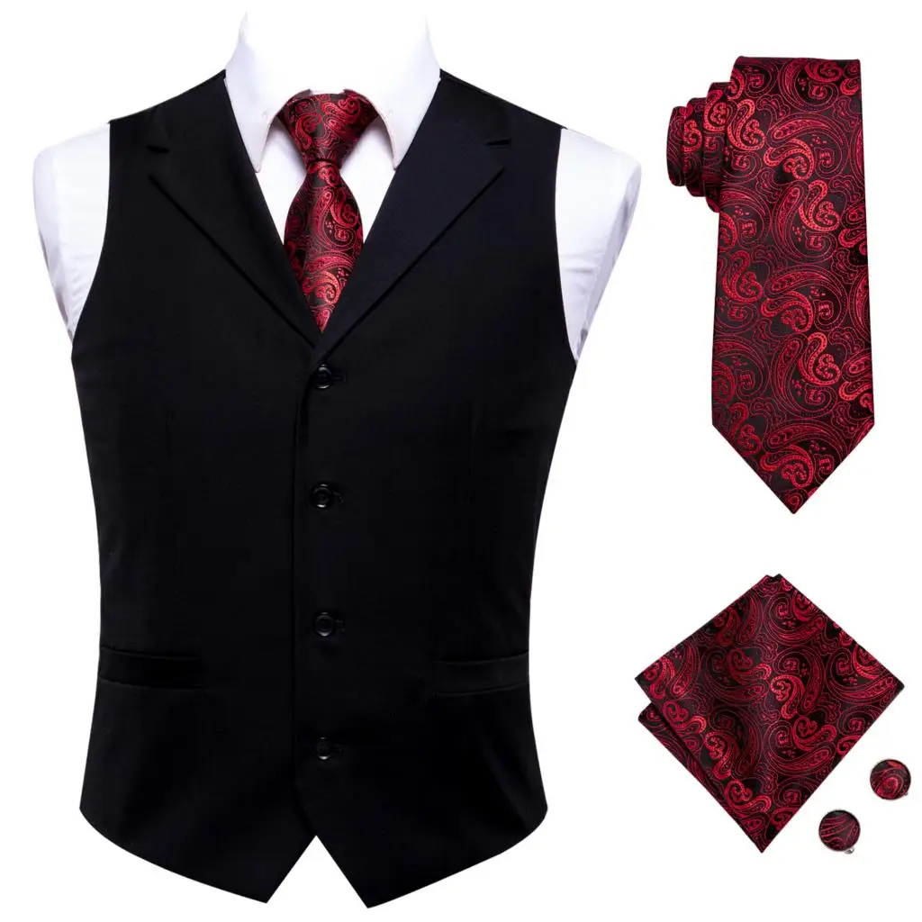 Hi-Tie Luxury Silk Mens Suit Vests Black Plain Jacquard Waistcoat Men Vest Gold Red Purple Tie Hanky Cufflinks Set for Male Gift men blazer