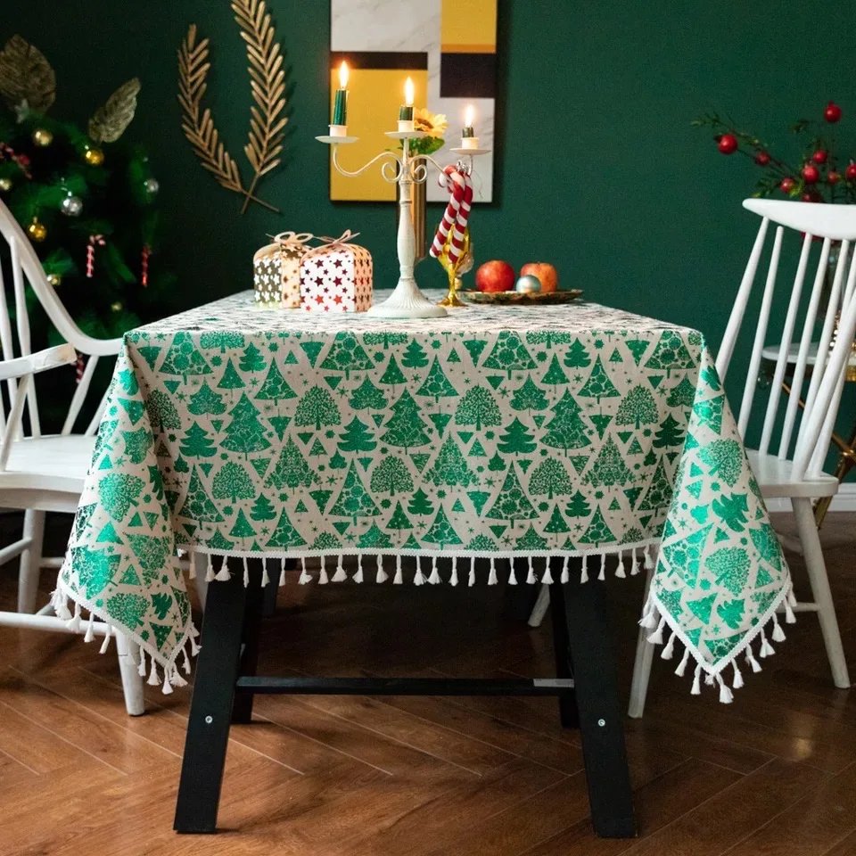 

Christmas Tree Printed Decorative Cotton Linen Tablecloth With Oilproof Thick Rectangular Dining Table Cover Tea Table Cloth
