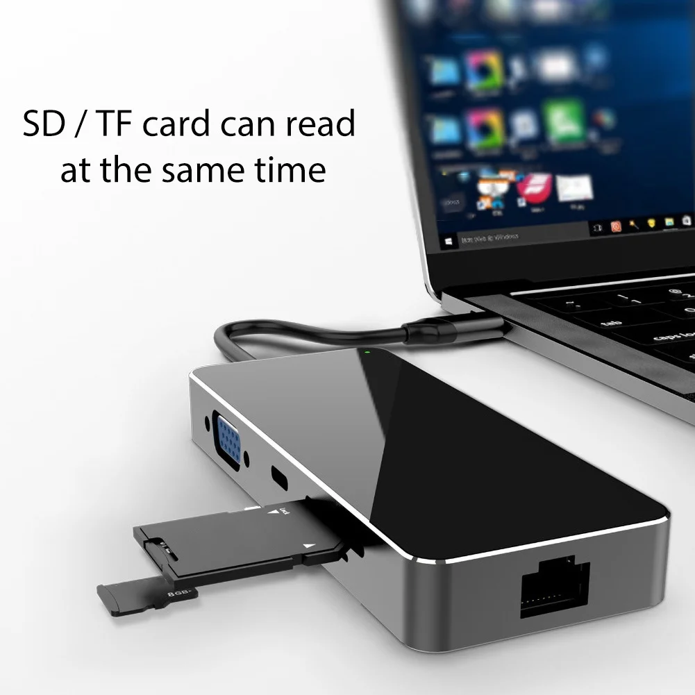 9 в 1 type-C к USB 3,0 док-станция для ноутбука RJ45 HDMI Micro-SD TF VGA адаптер концентратор для MacBook/samsung-Galaxy док-станция