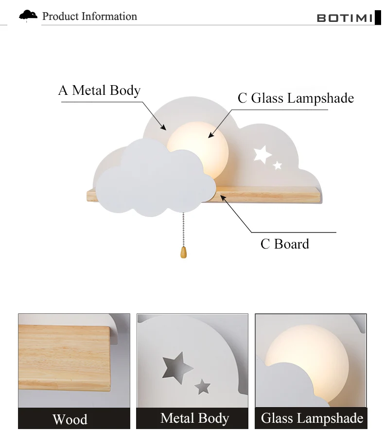 BOTIMI детский светодиодный настенный светильник для спальни, стеклянный абажур, облачный металлический мультяшный прикроватный светильник для мальчиков, настенный светильник для детской комнаты