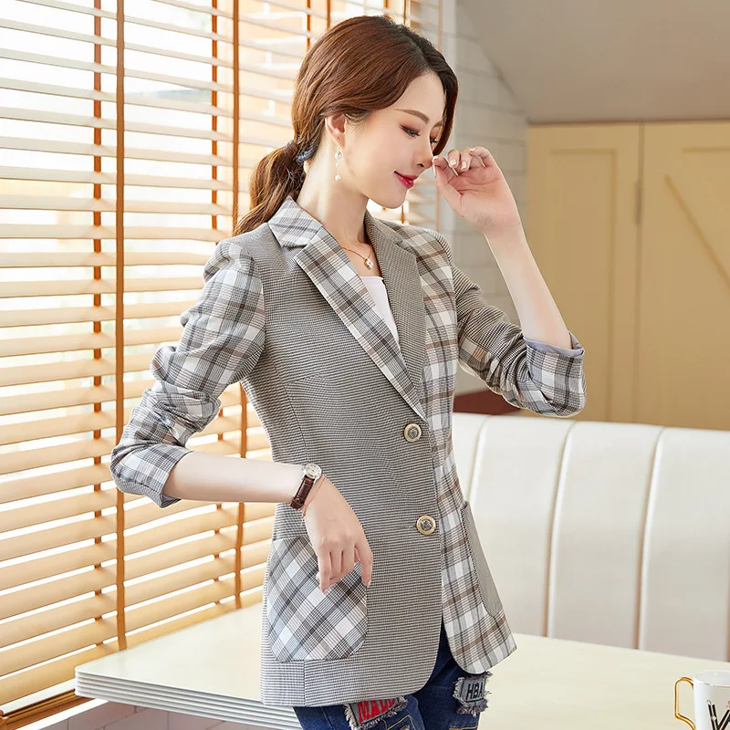 

HJ1920 Autumn And Winter Long Sleeve Plaid Small Suit WOMEN'S Coat Non-symmetrical Pattern Retro Suit Joint Contrast Color Tops