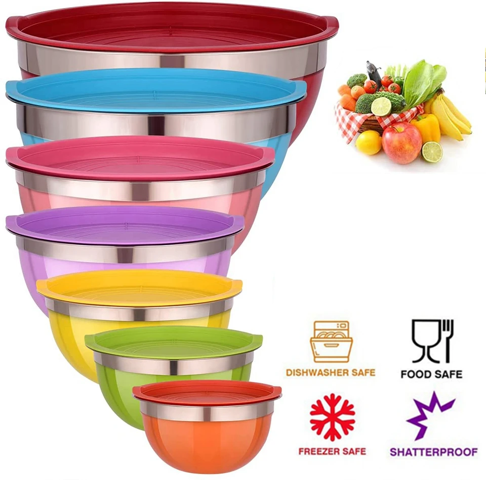 Set 8 Ciotole In Acciaio Inox Con Coperchi - Insalatiera, Mixing Bowls, Multifunzionali, Impilabili - Foto 4