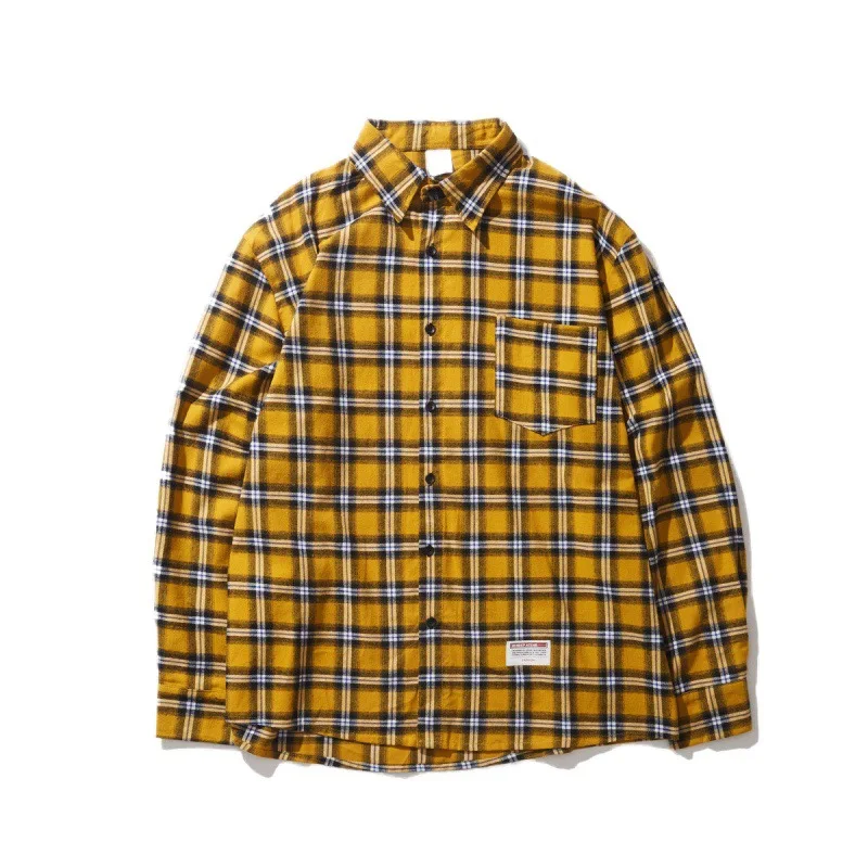 7002 yellow Gersri Мужская рубашка из хлопка Повседневная рубашка с длинным рукавом в клетку для мужчины весна осень брендовая рубашка - Цвет: 7002 yellow