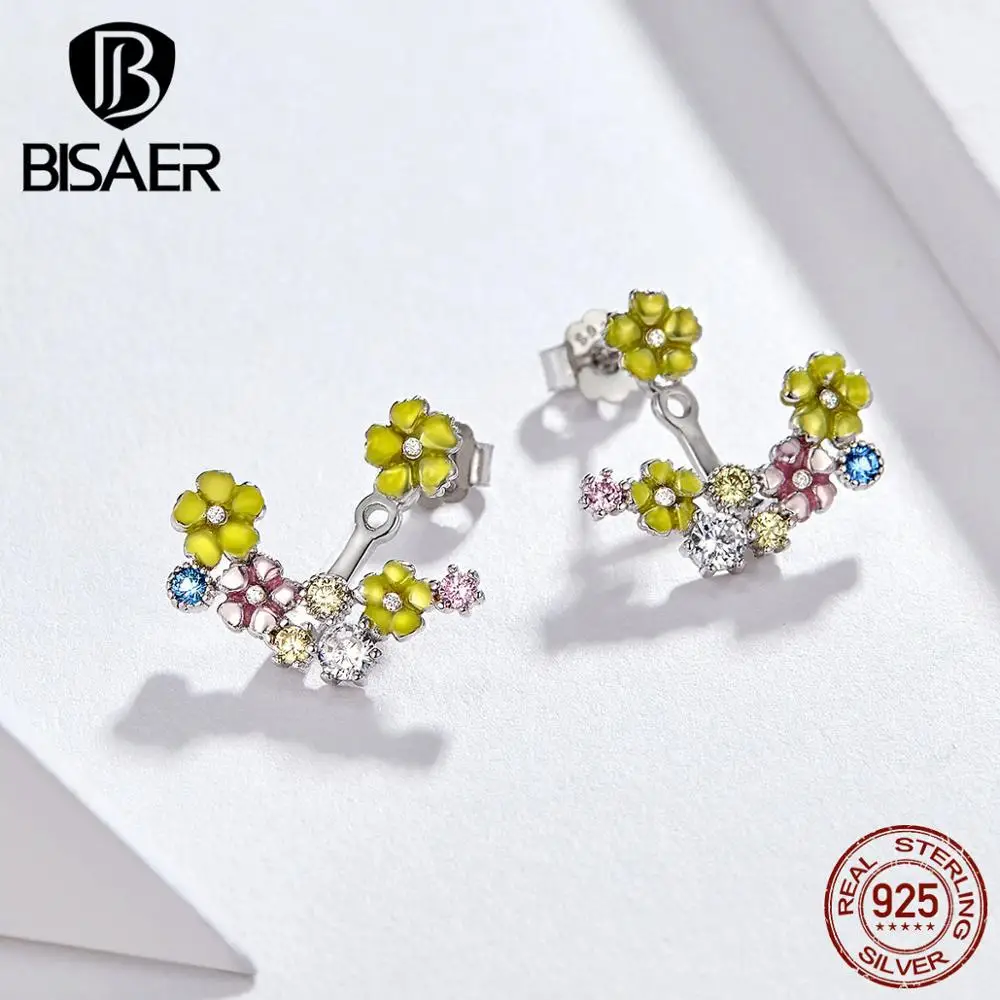BISAER, летние серьги, 925 пробы, серебряные, цветные, цветущие, серьги-гвоздики для женщин, цветочные серьги, модное ювелирное изделие, HVE106
