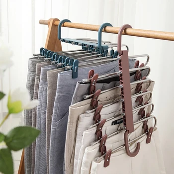 

Multi-function Pants Hanger Telescopic Foldable 6 Tier Stainless Steel Trousers Drying Rack Clothing Storage Organizer with Clip