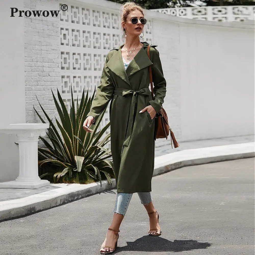 Prowow армейский зеленый длинный Тренч, женское модное приталенное тонкое пальто с галстуком, офисное Женское пальто, Новое поступление, нагрудный двойной боковой карман, верхняя одежда