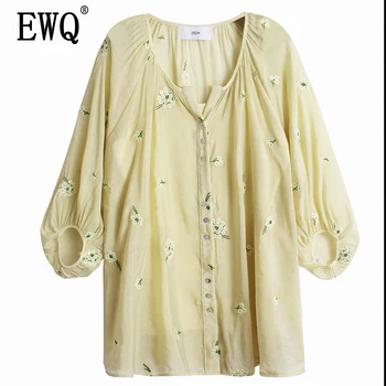 

[EWQ] 2020 Spring Autumn New V-collar Three Quarter Lantern Aleeve Print Single Breasted Casual Shirt Women 3AK081 Blouse