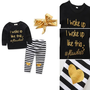 

Autumn Winter Toddler Kids Baby Girls 0-3Y Outfit Long Sleeve Clothes Tops+ Pants +Gold Headband Children 3PCS Set