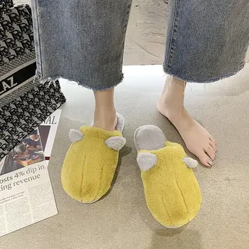 

House Slippers Women's Shoes Fashionable Cartoon Ears Indoor Flat Slip-on Yellow Orange Plush Slippers For Couples/Lovers